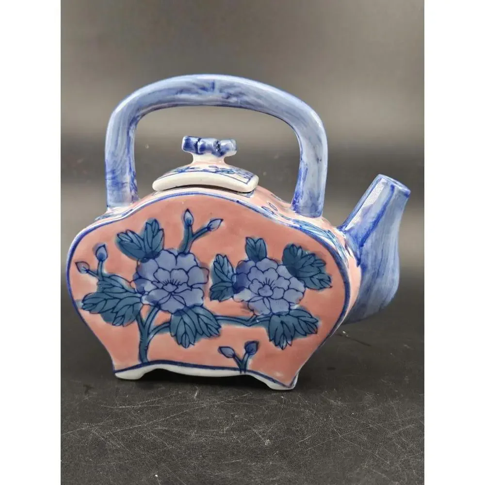 Ben Rickert Chinoiserie Teapot Blue Pink Floral Ceramic Asian Decor 5 In Tall - Picture 3 of 9